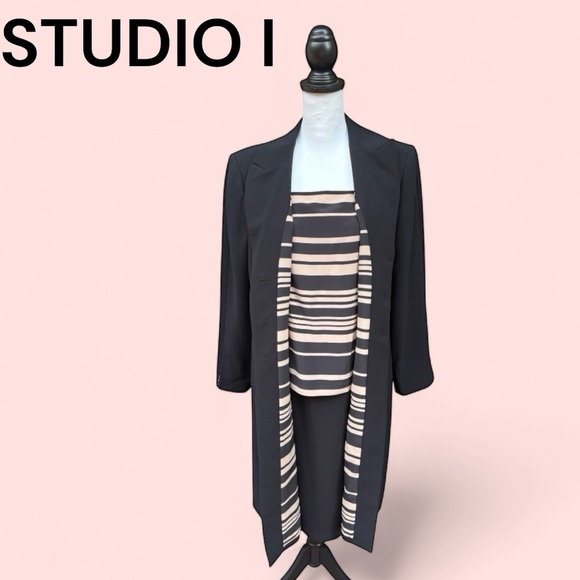 Studio I 3 Piece Pant Set Dress and Jacket Striped Black Beige Women’s Size 12 - Picture 1 of 15